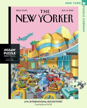New York Puzzle Companys 1,000 piece jigsaw puzzle of the New Yorker cover jfk international rocketport. Made in the USA