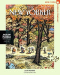 New York Puzzle Companys 1,000 piece jigsaw puzzle of the New Yorker cover leaf peepers. Made in the USA
