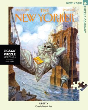 New York Puzzle Companys 500 piece jigsaw puzzle of the New Yorker cover liberty. Made in the USA