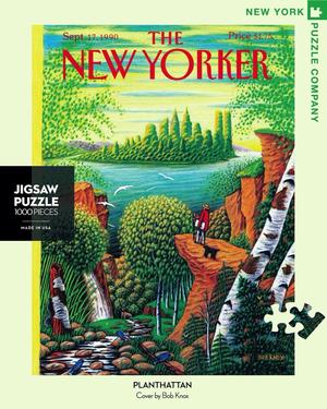New York Puzzle Companys 1,000 piece jigsaw puzzle of the New Yorker cover planthattan. Made in the USA