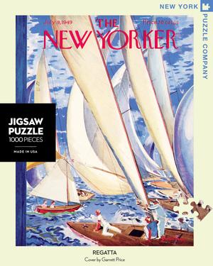 New York Puzzle Companys 1,000 piece jigsaw puzzle of the New Yorker cover regatta. Made in the USA