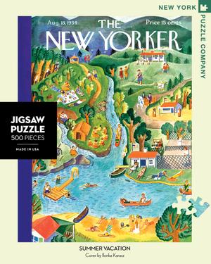 New York Puzzle Companys 500 piece jigsaw puzzle of the New Yorker cover summer vacation. Made in the USA