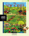 New York Puzzle Companys 1,000 piece jigsaw puzzle of the New Yorker cover Horse Show. Made in the USA