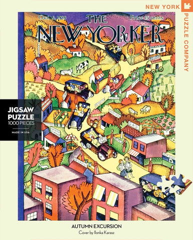 New York Puzzle Companys 1,000 piece jigsaw puzzle of the New Yorker cover autumn excursion. Made in the USA
