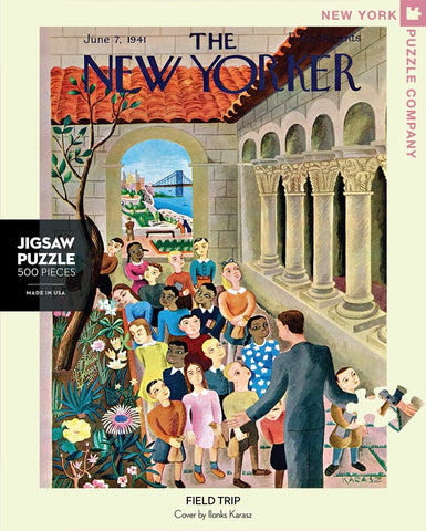 New York Puzzle Companys 500 piece jigsaw puzzle of the New Yorker cover field trip. Made in the USA