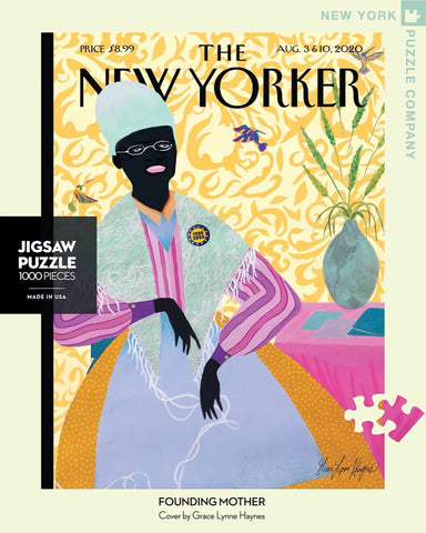 New York Puzzle Companys 1,000 piece jigsaw puzzle of the New Yorker cover founding mother. Made in the USA