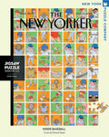 New York Puzzle Companys 1,000 piece jigsaw puzzle of the New Yorker cover inside baseball. Made in the USA