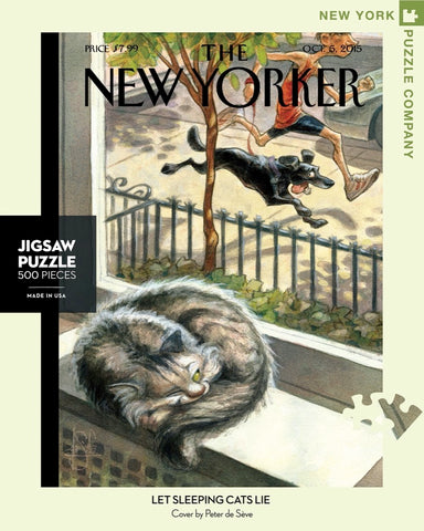New York Puzzle Companys 500 piece jigsaw puzzle of the New Yorker cover let sleeping cats lie. Made in the USA