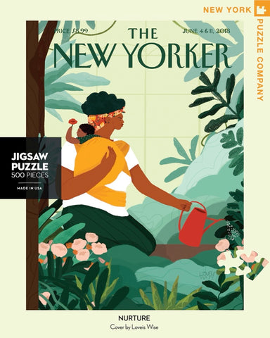 New York Puzzle Companys 500 piece jigsaw puzzle of the New Yorker cover nurture. Made in the USA