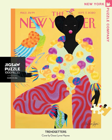 New York Puzzle Companys 1,000 piece jigsaw puzzle of the New Yorker cover trendsetters. Made in the USA