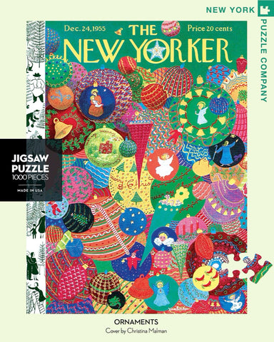 New York Puzzle Companys 1,000 piece jigsaw puzzle of the New Yorker cover ornaments. Made in the USA