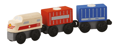 cargo train, planworld wooden toy from plan toys is made of sustainable rubber tree wood and painted with water-based dyes and organic color pigment