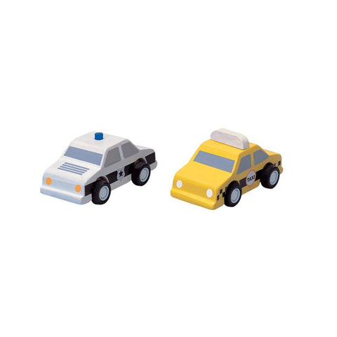 city taxi & police car, planworld wooden toy from plan toys is made of sustainable rubber tree wood and painted with water-based dyes and organic color pigment
