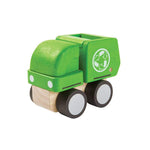 mini garbage truck, wooden toy from plan toys is made of sustainable rubber tree wood and painted with water-based dyes and organic color pigment