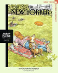 New York Puzzle Companys 500 piece jigsaw puzzle of the New Yorker cover to Fetch or Not Fetch. Made in the USA