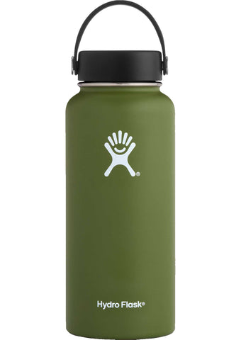 olive 32 oz wide mouth hydro flask bottle keeps liquids cold for up to 24 hours and hot up to 6. bpa-free 