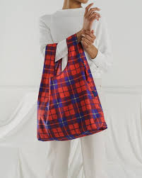 standard baggu red tartan reusable shopping bag holds up to 50lbs. made from 40% recycled ripstop nylon