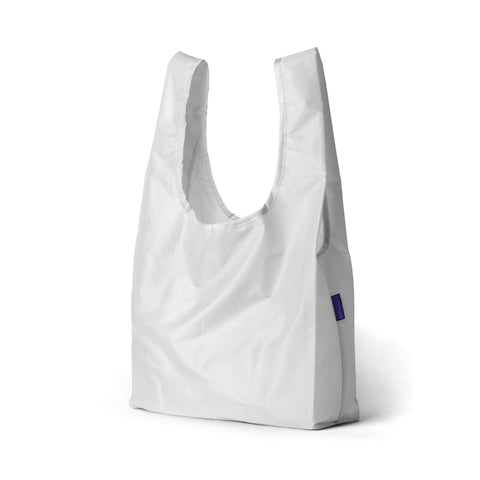 standard baggu white reusable shopping bag holds up to 50lbs. can fit over shoulder. made from 40% recycled ripstock nylon