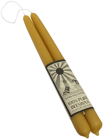 sunbeam candles 10" natural tapers pure beeswax and a lead-free cotton wick. burn time: 12 hours