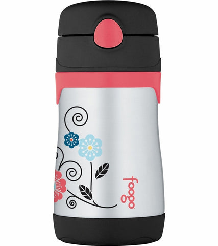 thermos foogo stainless steel straw bottle 10oz poppy patch is vacuum insulated to keep beverages cool for up to ten hours