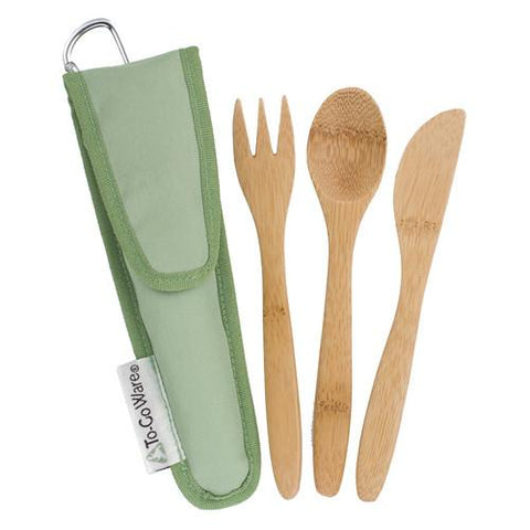 to-go ware bamboo utensil set - kids kiwi  includes spoon, fork & knife. can fit into lunch box or outside using carabiner