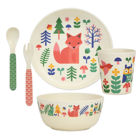 petit collage forest 5-piece bamboo dinnerware set (plate, bowl, cup, spoon, fork). BPA-free, PVC-free, and phthalate-free