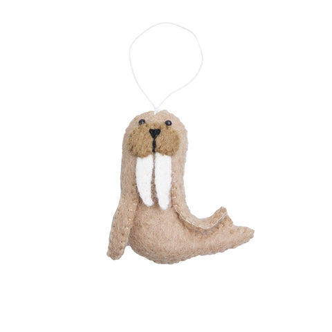 walrus arctic animal ornament hand felted, stuffed and stitched with care by artisans in nepal