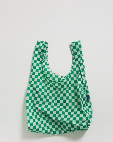 standard baggu green checkerboard reusable shopping bag holds up to 50lbs. made from 40% recycled ripstop nylon